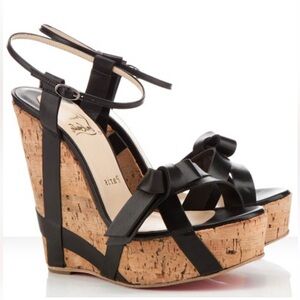 Christian Louboutin Miss Cristo 140 Ribbon Wedge Sandal 37 Black Leather Cork